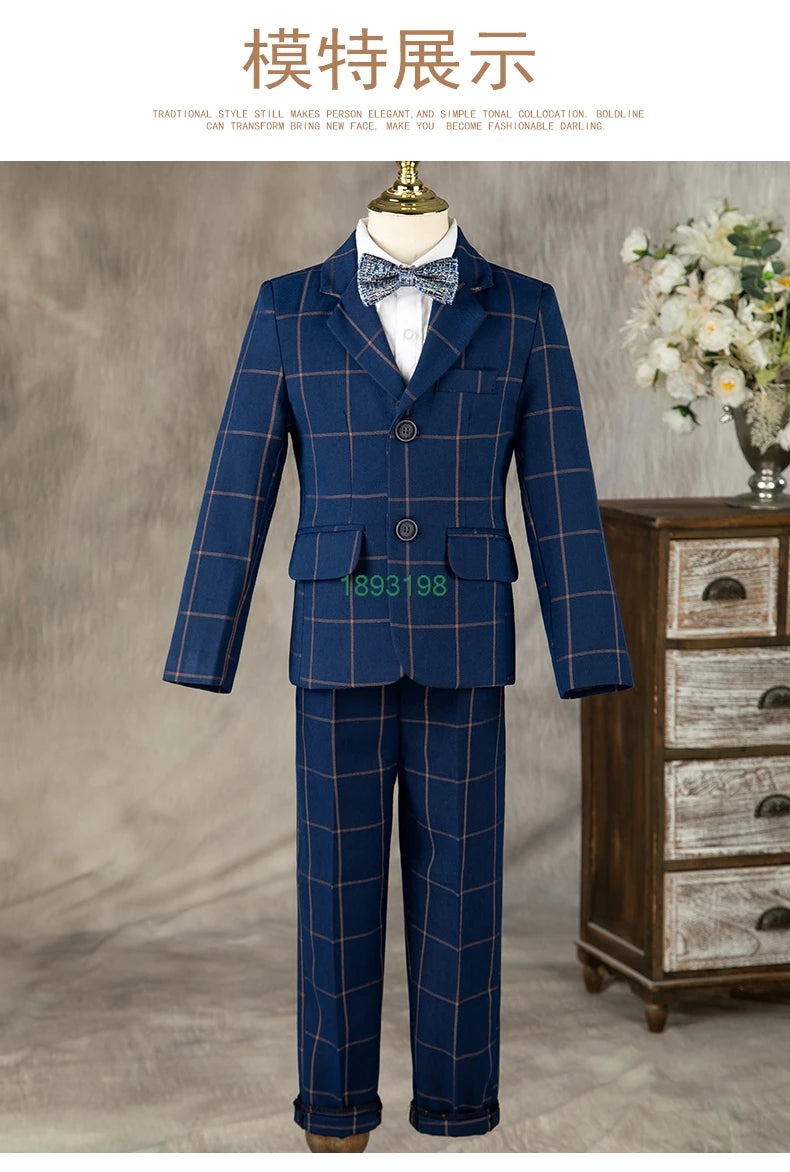 Boys Formal Navy Plaid Suits Set Children Host Piano Performance Birthday Party Photography Costume Kids Blazer Pants