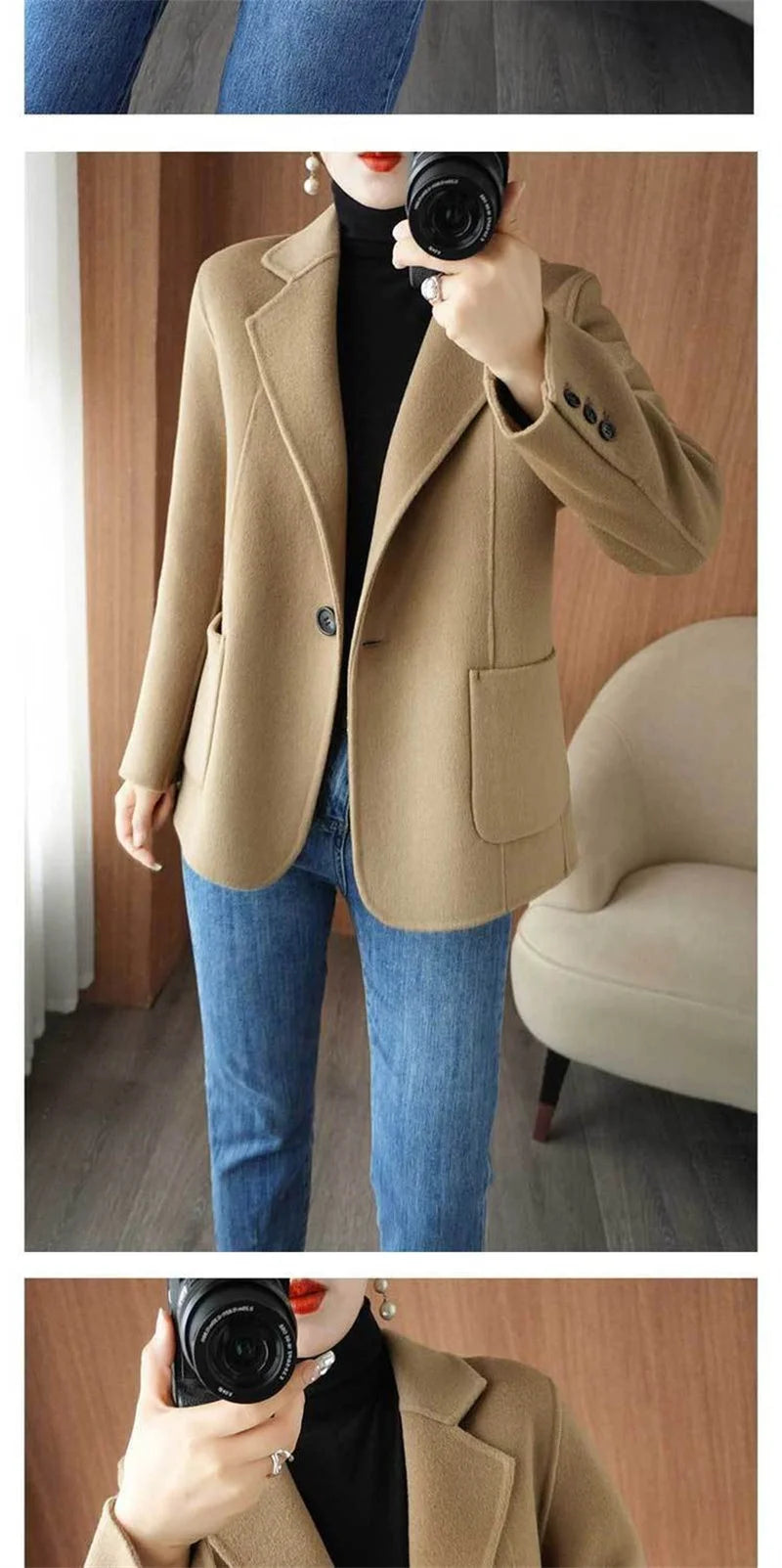 2024 Women Woolen Blazer Jacket Female Lining Autumn Suit Coat Femme Autumn And Winter Thickening Wool Blazer Coats Large Size