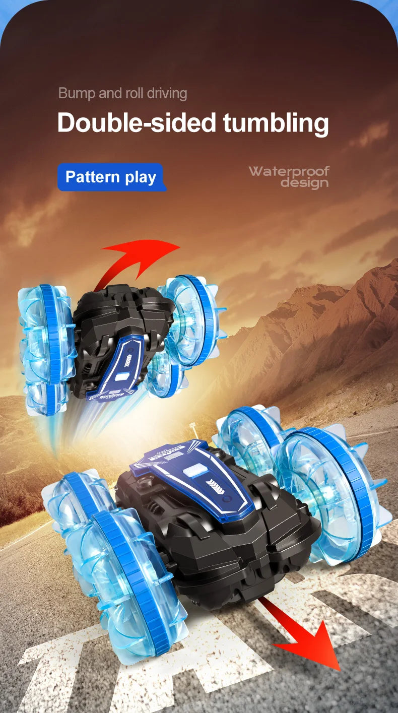 New LED Amphibious RC car Dual remote control waterproof stunt car double side flip drift drive 360 ° rotation rc cars Kids toy