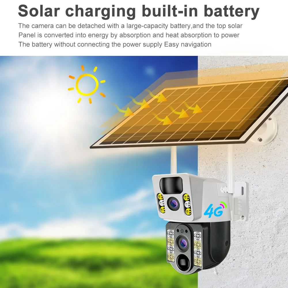 V380 Wireless 4G Sim Card Solar Camera 4K 8MP Dual Lens WiFi Surveillance Camera PIR Security Outdoor Waterproof IP PTZ CCTV