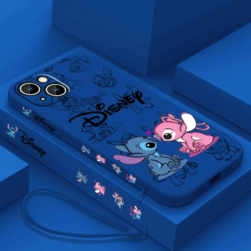 Disney Super Cute Stitch Phone Case For Apple iPhone 15 14 13 12 11 Pro Max Plus 8 7 SE Liquid Left Rope Soft Cover