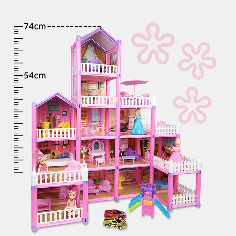 Princess Big Villa DIY Dollhouses Kit Pink Castle House Kit Assembled Doll House Toys Pretend Play Toys Christmas Birthday Gift