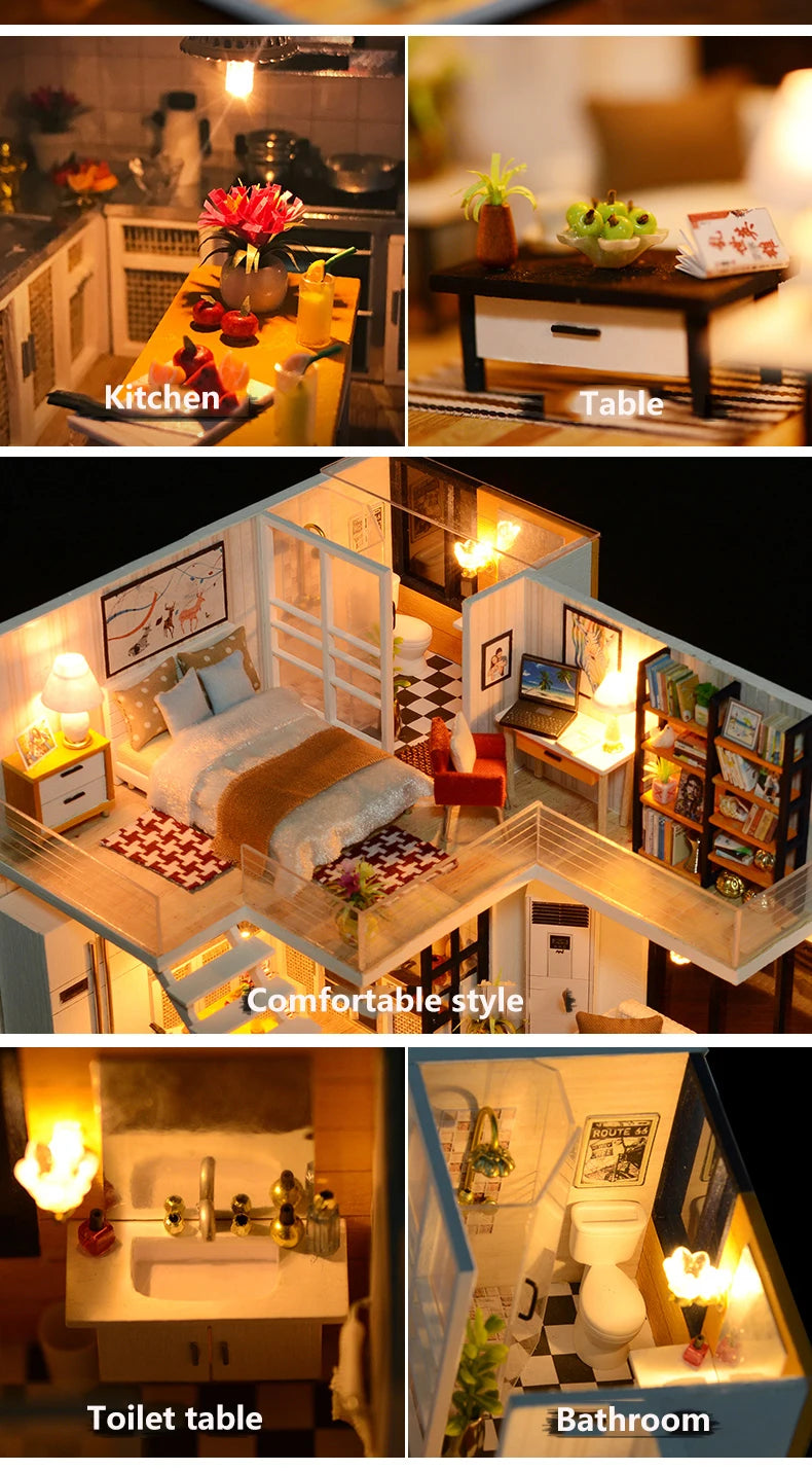 Assemble DIY Wooden House Dollhouse kit Wooden Miniature Doll Houses Miniature Dollhouse toys With Furniture LED Lights Gift