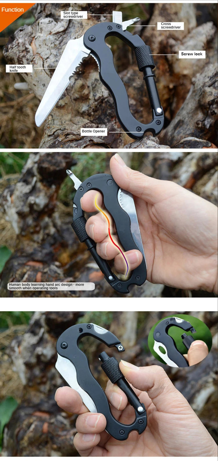 Mountain Climb EDC Stainless Steel Mini Knife Carabiner Multitool Folding Pocket Portable Outdoor Pocket Knife Military Tactical