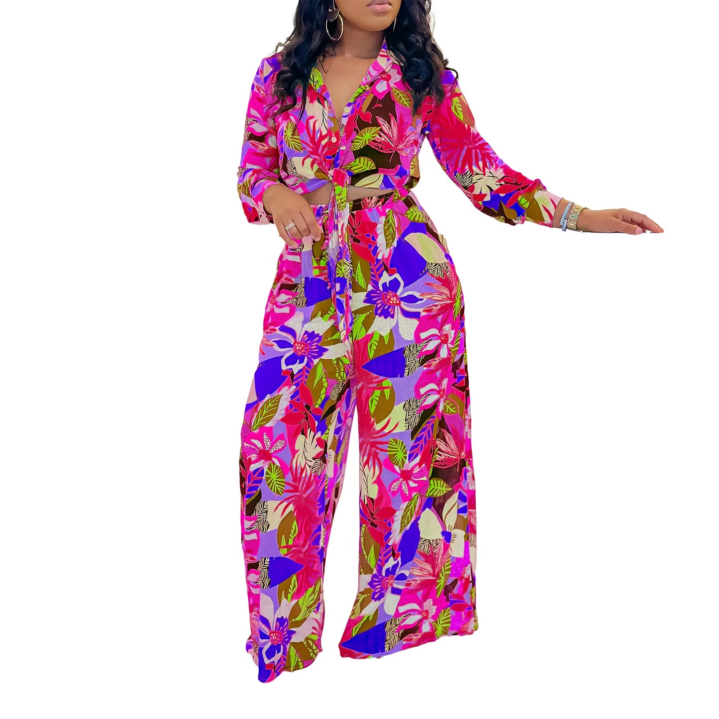 2024 Spring Summer New Long Sleeved Printed Suit For Women Fashion Lapel Single Breasted Shirt Wide Leg Trousers Two Piece Set