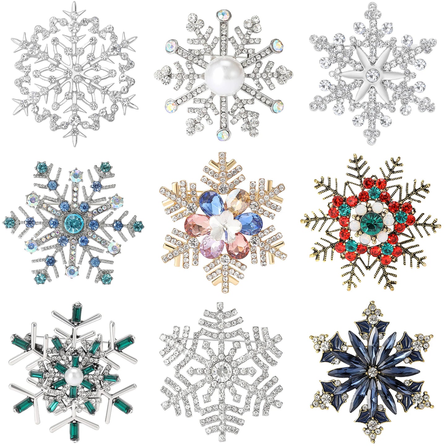 Christmas Rhinestone Snowflake Brooches for Women Unisex Pearl Flower Pins Office Party Friend Gifts Jewelry Accessories