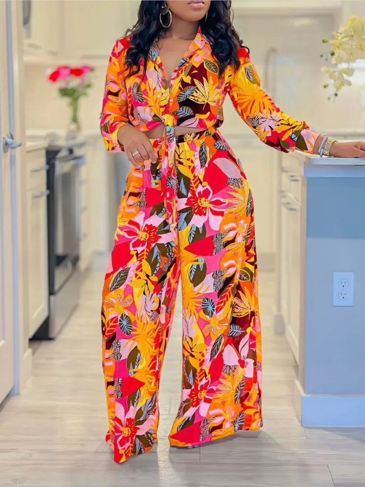 2024 Spring Summer New Long Sleeved Printed Suit For Women Fashion Lapel Single Breasted Shirt Wide Leg Trousers Two Piece Set