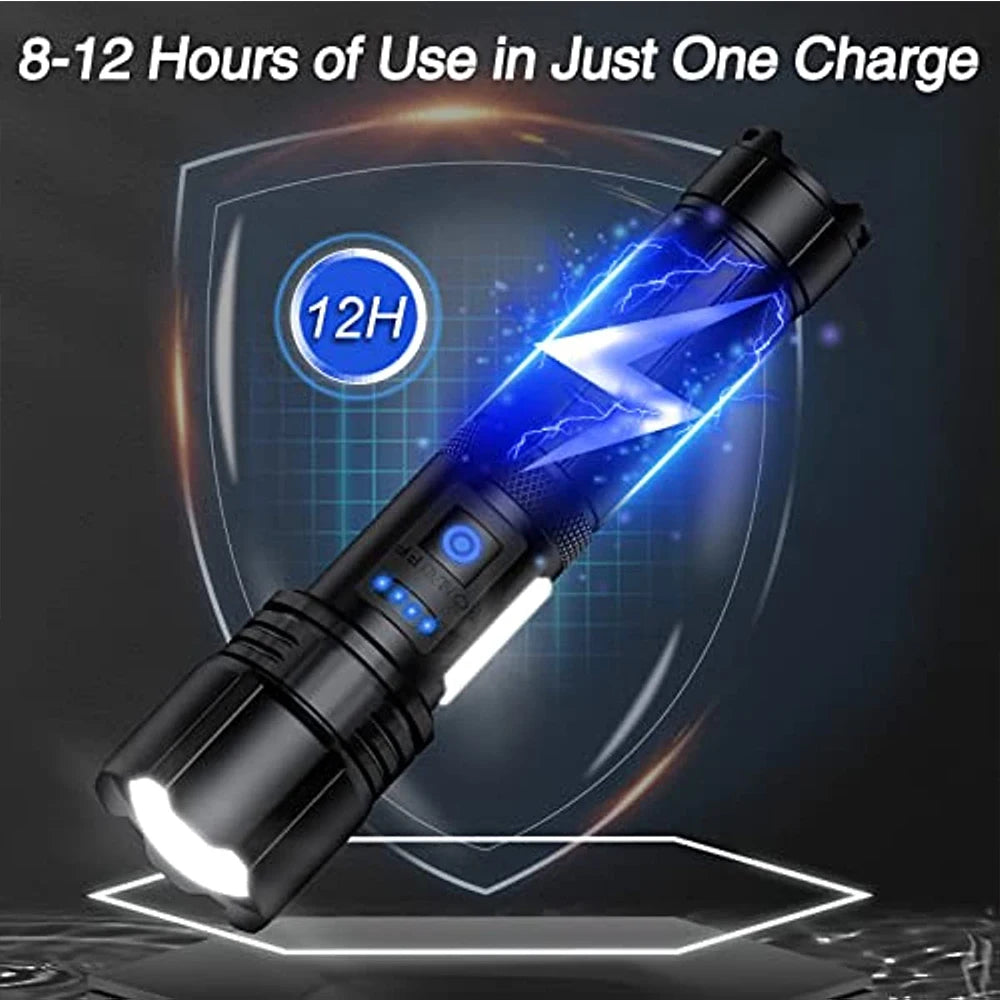 Rechargeable Super Bright Flashlight 7Modes High Lumens Tactical Flashlight Zoomable LED torch With COB Side Light and Display