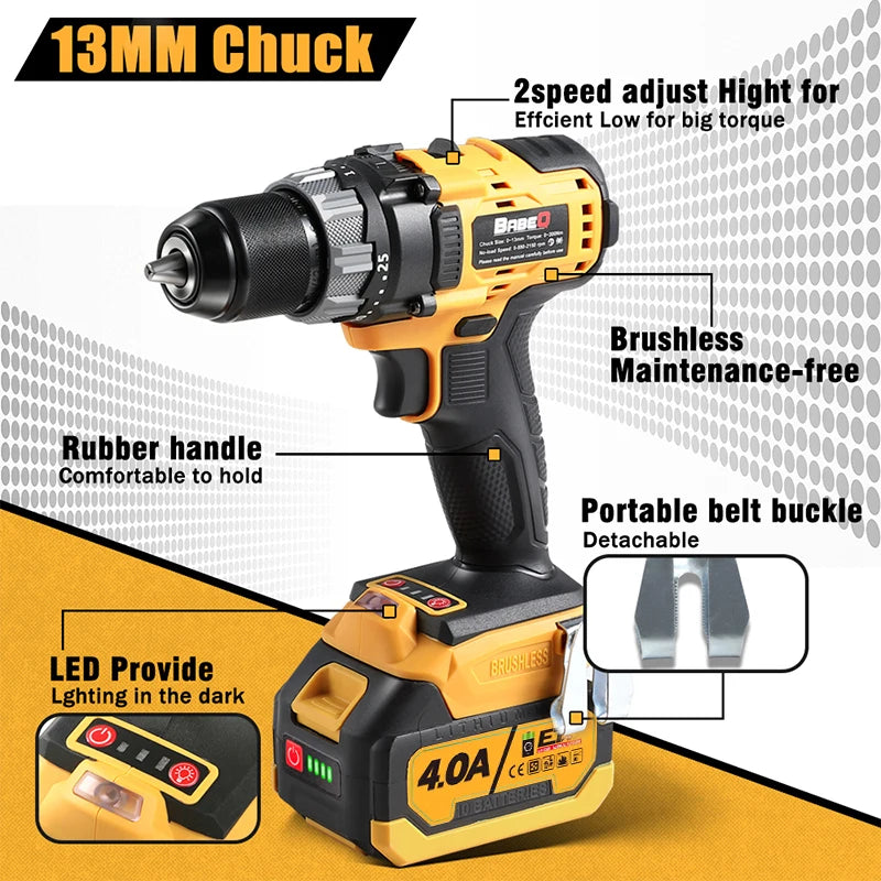 BABEQ 13MM Brushless Electric Impact Drill 2 Speed 25+3 Torque Cordless Electric Screwdriver Power Tool For Makita 18V Battery