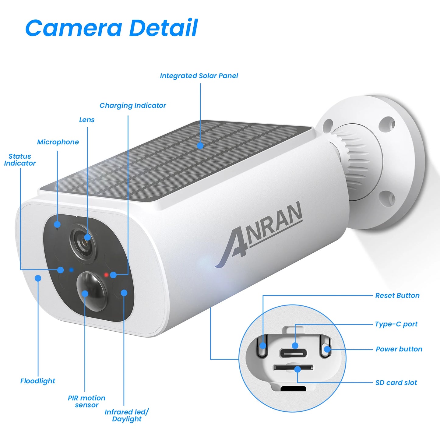 ANRAN 2K Solar Security Camera C3 Outdoor Wireless Solar WIFI Camera Battery Camera Floodlight Color Night Vision Can't Add NVR