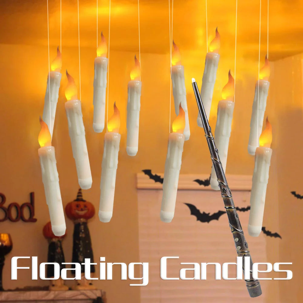 Halloween LED Floating Candles Magic Wand Remote Hanging Operated Potter Harries Battery Floating Candles Warm Light Decoration