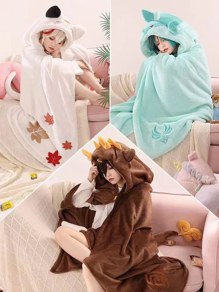 Genshin Impact Xiao Hutao Ghost Wanderer Traveler Kazuha Cosplay Blanket Cloak Cape Funny Fleece Pajamas Anime Costume Hoodie