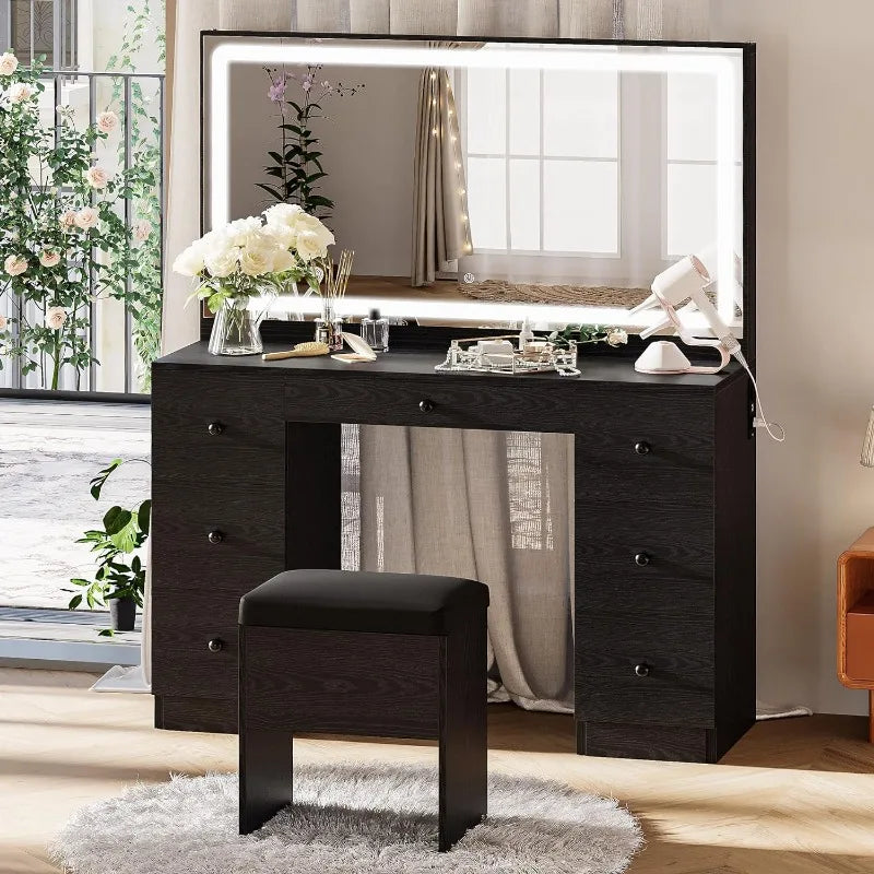 Vanity Desk Set with LED Lighted Mirror & Power Outlet, 7 Drawers Makeup Vanities Dressing Table with Stool, for Bedroom