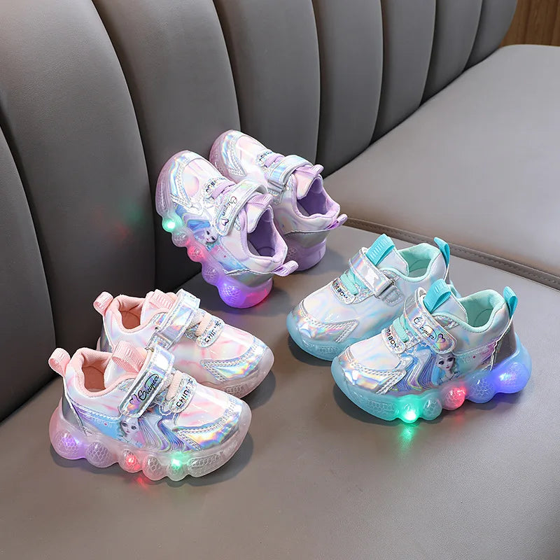 Princess Shoes Frozen Girls' LED Sneakers Children's lighting shoes Cartoon Cute Girl Learning Walking Casual Shoes