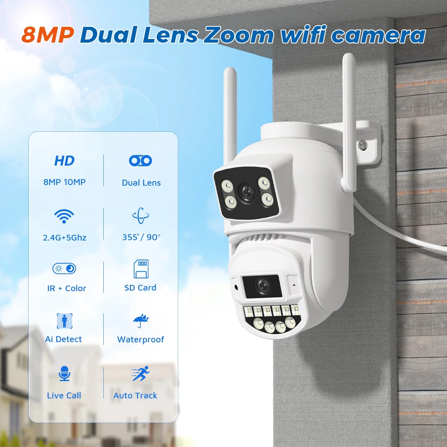 2.4G/5G Wifi Surveillance Camera Outdoor 10MP 5K IP Camera Dual Lens Human Detection 5X Digital Zoom 8MP 4K WIFI Security Camera