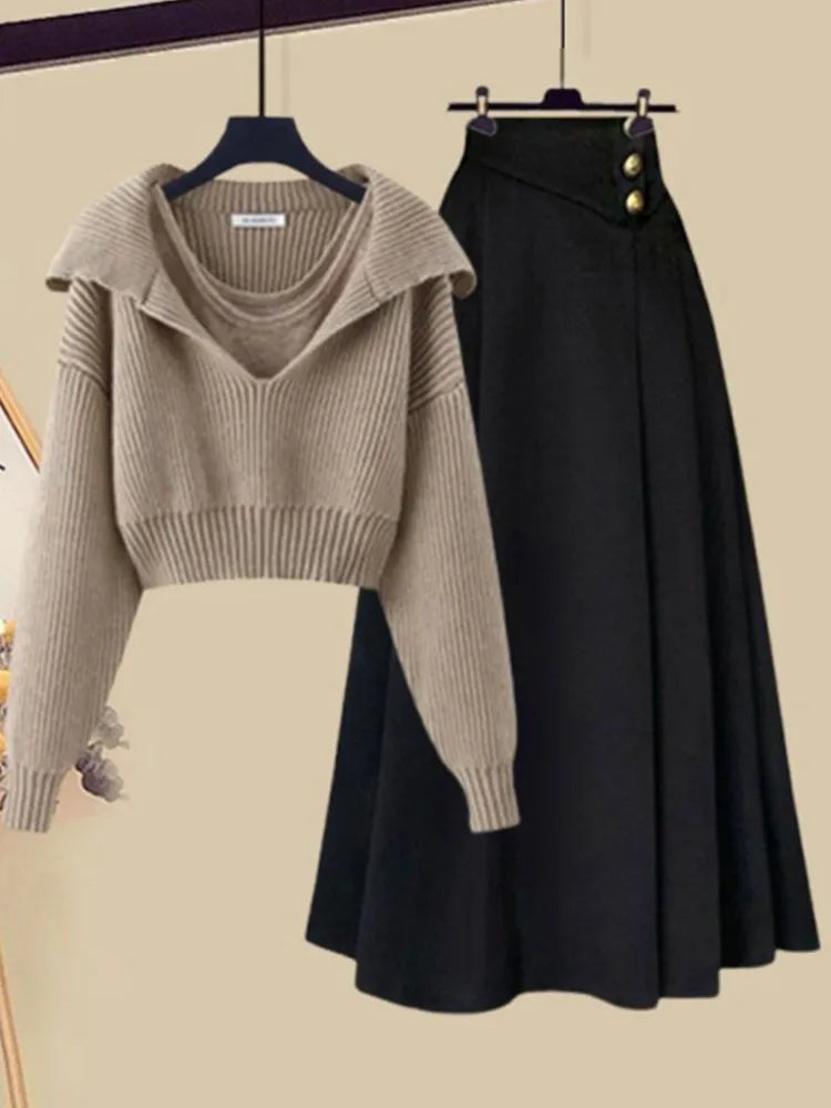 2024 Autumn/Winter Korean New Women's Set Fashion Sweater+Tank Top+High Waist Skirt 3-Piece Set Trendy