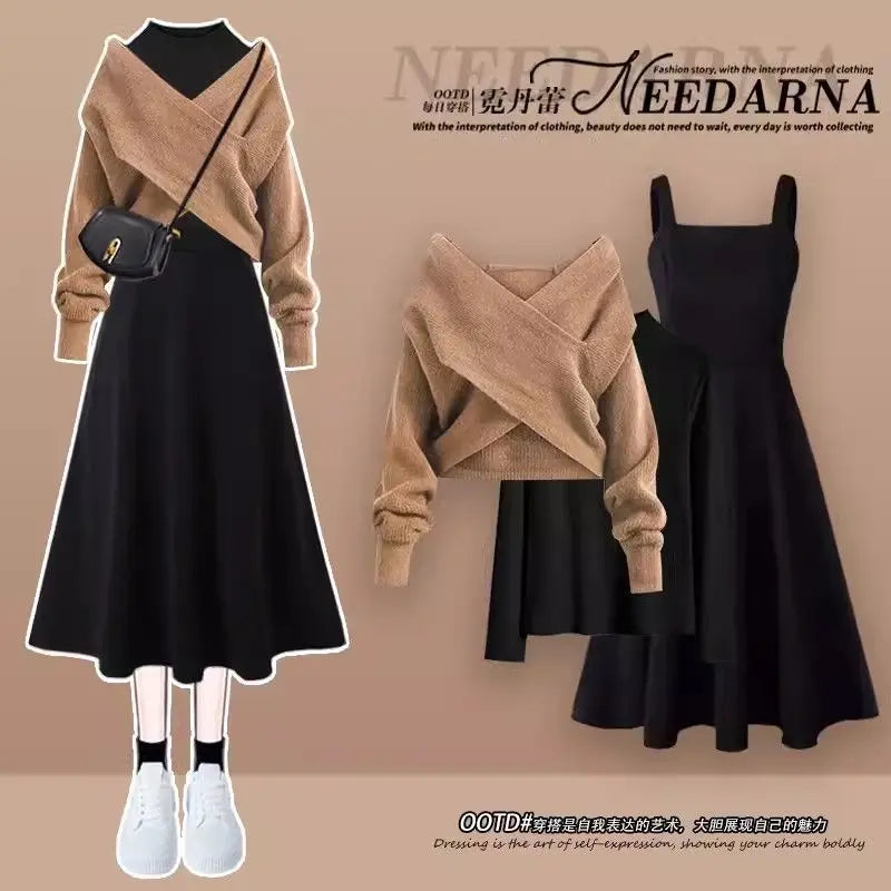 2024 Korean Autumn/Winter New Fashion Versatile Women's Set Cross Sweater+Inner Shirt+Dress Three Piece Set