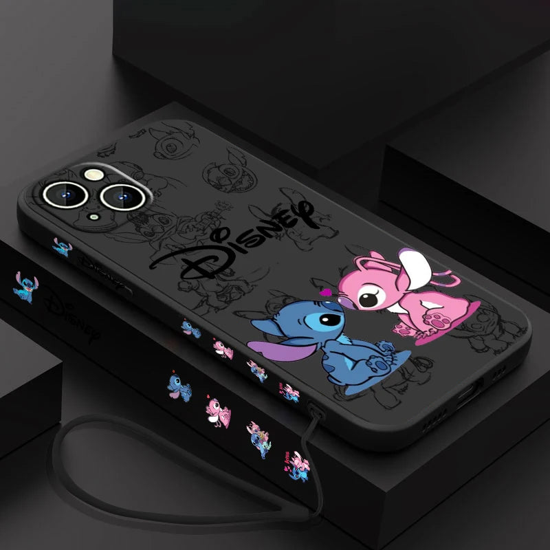 Disney Super Cute Stitch Phone Case For Apple iPhone 15 14 13 12 11 Pro Max Plus 8 7 SE Liquid Left Rope Soft Cover