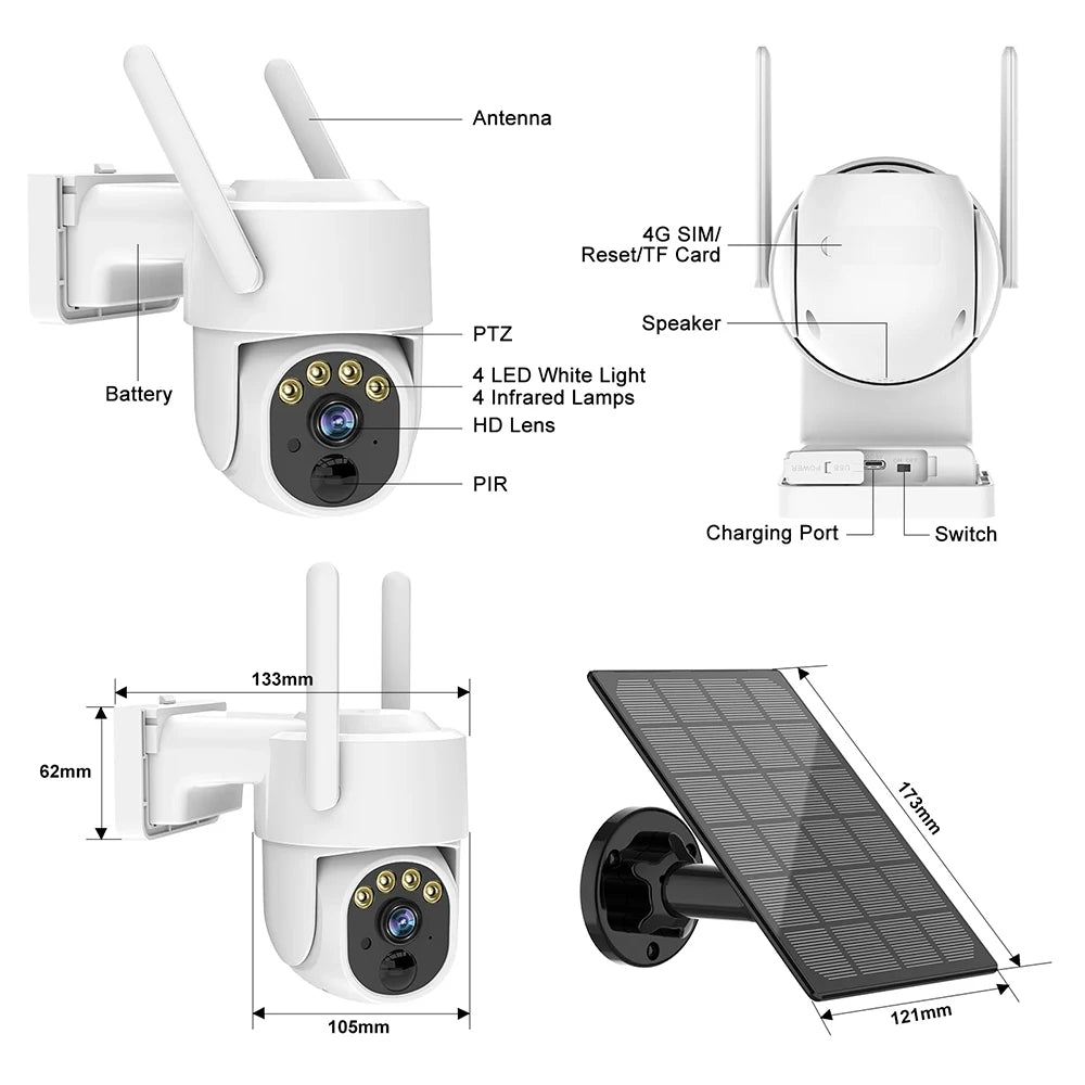 4G Ptz Camera 3MP Battery Camera with 5W Solar Panels 18000mAh Battery 4G SIM Card Surveillance Cctv Outdoor Security Protection