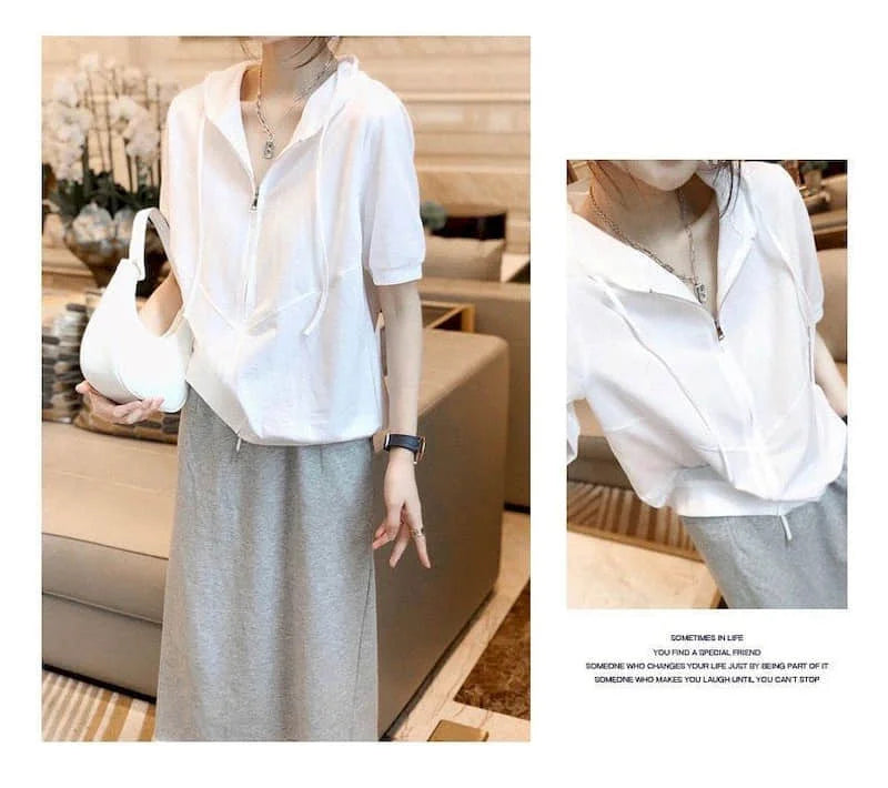 2024 Summer Hooded T-shirt Women Korean Loose All-match White Casual Tops Stitching Cotton Short-sleeved T Shirt Women's Trend