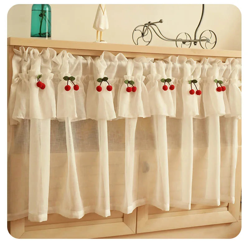 Korean Style Fresh Linen Short Curtain for Kitchen Small Window Half Curtain Cherry Decorative Valance Tulle Door Curtain Drape