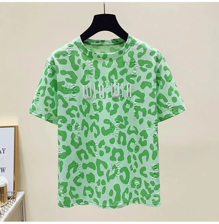 2024 new summer leopard print short sleeved t-shirt for women loose round neck fashionable and chic top trend