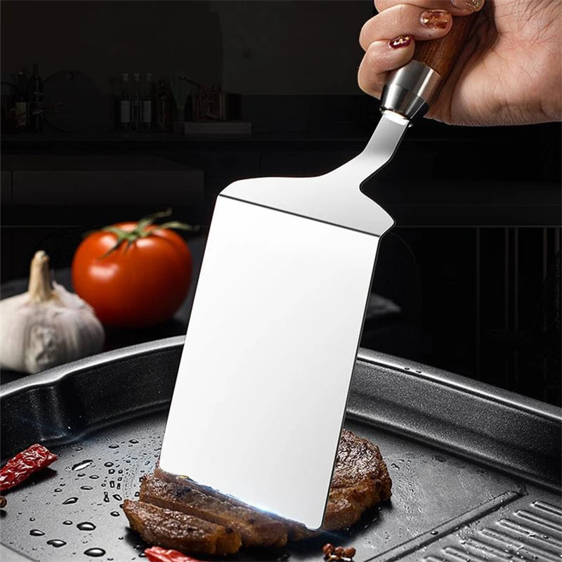 Stainless Steel Square Head Steak Cooking Spatula Wood Handle  Pizza Shovel Pancake Beef Turner Scraper BBQ Utensils For Kitchen