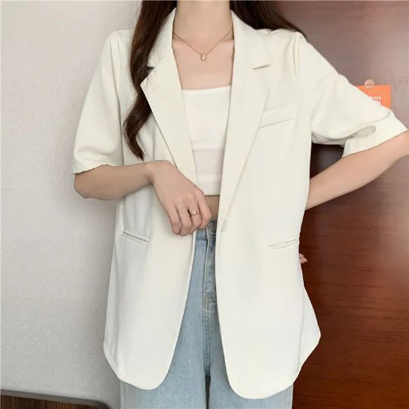 Thin Suit Jacket Women 2024 Summer Casual All Match Single Button Coat Woman Korean Style Loose Balck White Short Sleeve Jackets