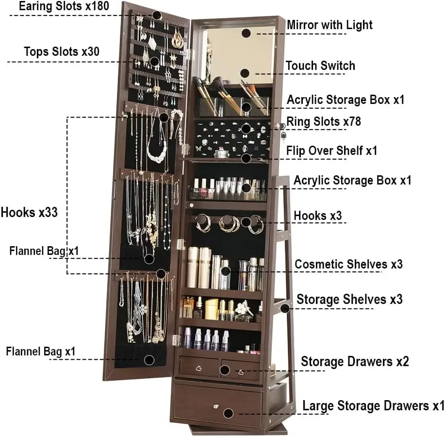 360 Swivel Full Length Mirror Jewelry Cabinet Standing With Built - 63.7 H Armoire With Mirror & 3 Drawers, Lockable Storage