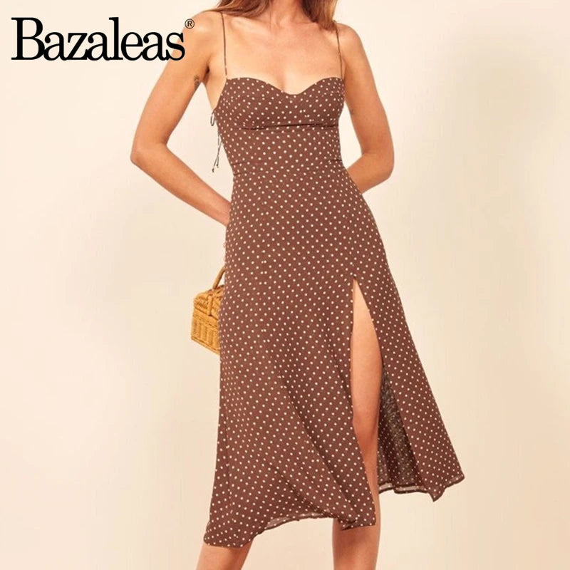 2024 Retro Slim Chic Brown Dress Sexy Dot Print Split Tube Top Dress Party Midi Dresses