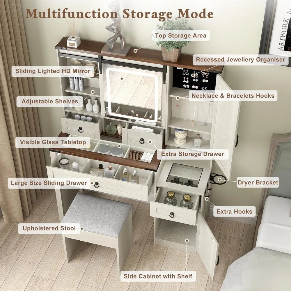 Vanity Set for Bedroom with Sliding Mirror and Lights, 42" Glass Top Vanity Table with Charging Station & 4 Drawers & 2 Cabinets