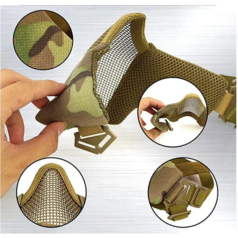 Tactical Airsoft Paintball Half Face Mask Camo Half Lower Face Metal Steel Net Mesh Mask Hunting Protective Mask