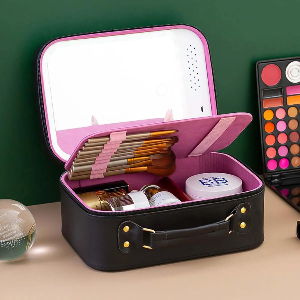 LED makeup bag with mirror large capacity cosmetics portable makeup professional with makeup box storage bag wholesale