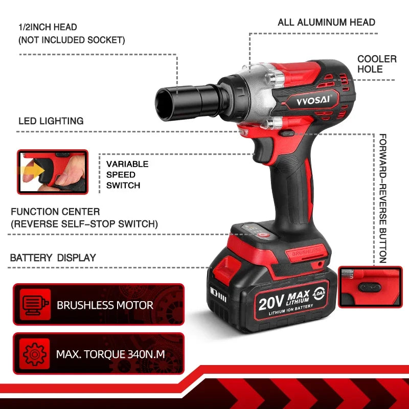 VVOSAI MT-Series 340N.m Electric Impact Wrench 20V Brushless Wrench Socket Li-ion Battery Hand Drill Installation Power Tools