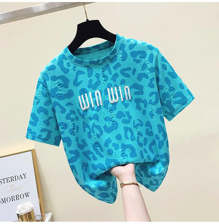 2024 new summer leopard print short sleeved t-shirt for women loose round neck fashionable and chic top trend