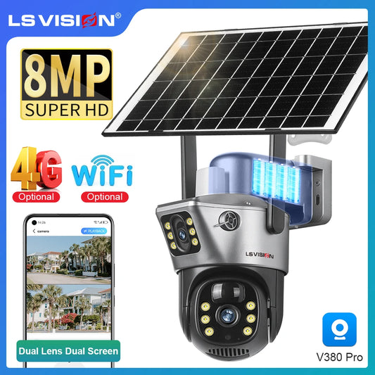 LS VISION 4K 8MP Dual Screen Solar Camera Outdoor Wireless 4G/WiFi PTZ Dual Lens Security Protection Auto Tracking CCTV Cameras