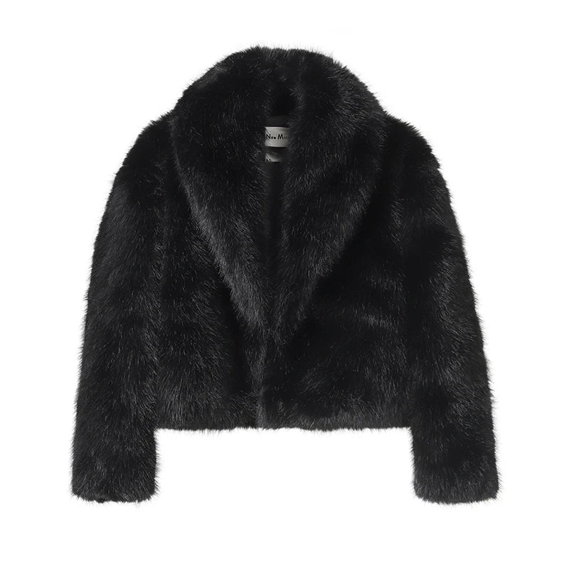 Neo Mint Street Fashion Shawl Collar Faux Fox Fur Coat Women 2024 Winter Cool Girls Black Short Fur Jacket Vintage Chic Overcoat