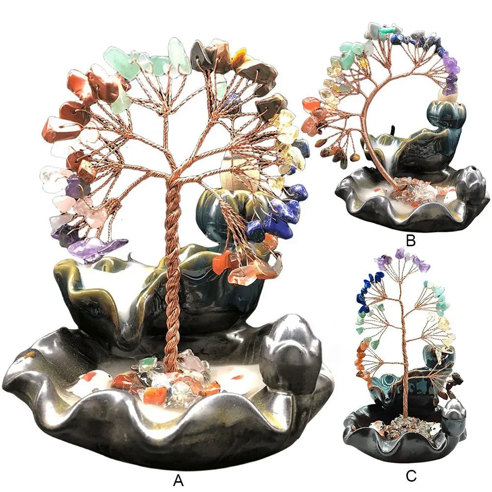 7 Chakra Tree Ceramic Incense Home Decor Healing Crystal Stone Money Tree Incense Burner House Warming Gift for Wealth Good Luck