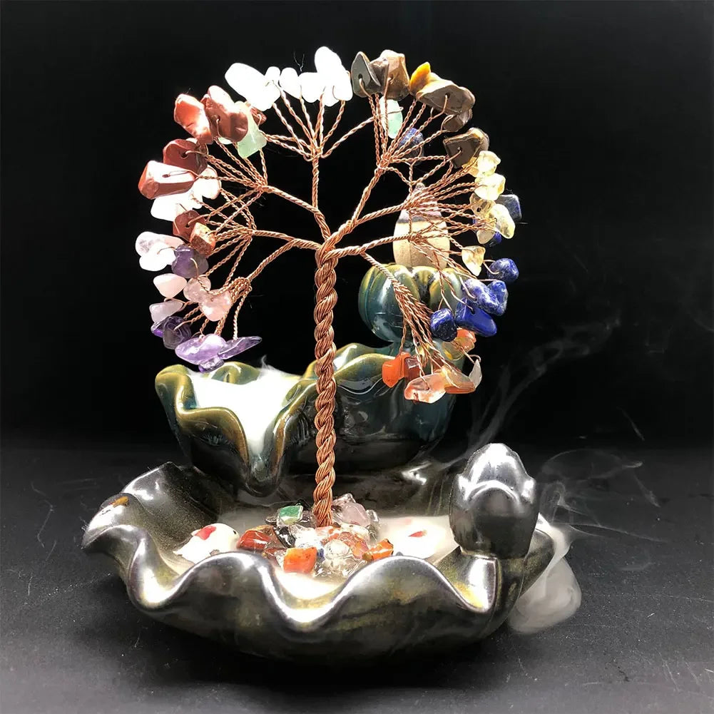 7 Chakra Tree Ceramic Incense Home Decor Healing Crystal Stone Money Tree Incense Burner House Warming Gift for Wealth Good Luck