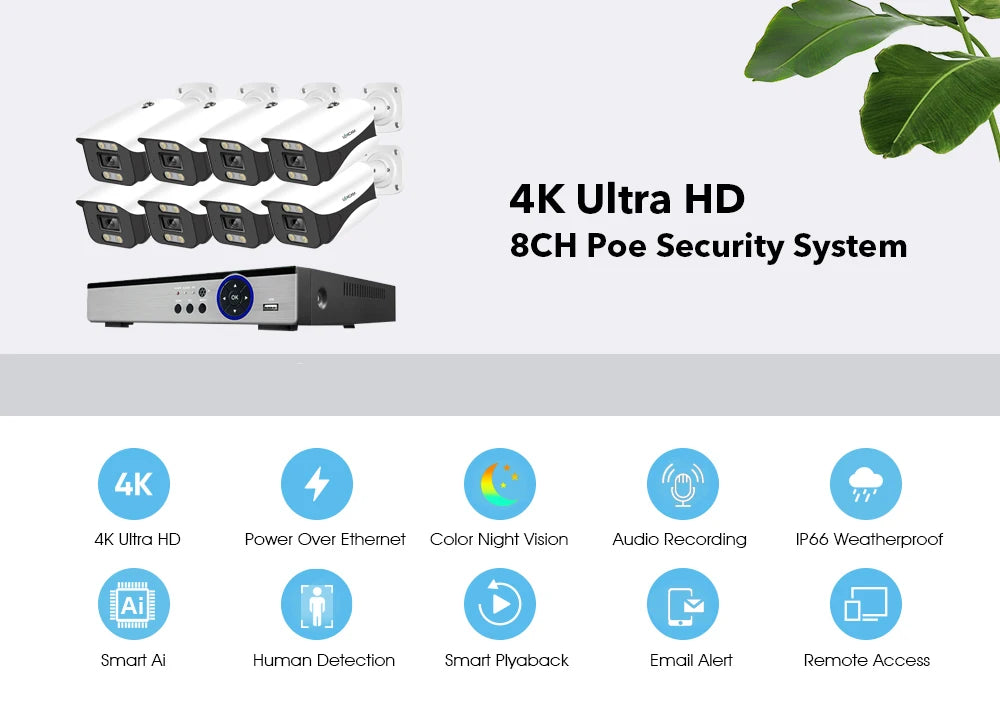 H.265 4K Ultra HD Audio Security Camera POE System 8MP Waterproof Outdoor Color Night Vision Video Surveillance NVR Kit Xmeye