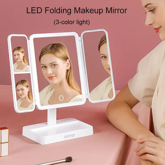 Tri-Fold LED Makeup Mirror Cute Compact Desk Vanity Mirror with 2X/3X Magnifying 3 Tone Lights, Rotable Lighted Makeup Mirror