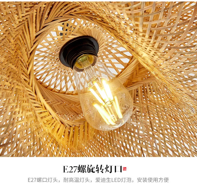 ZK30 Bamboo Weaving Chandelier Lamp 60/50/40cm Hanging LED Ceiling Light Pendant Lamp Fixtures Rattan Woven Home Bedroom Decors