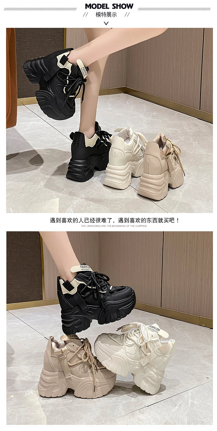 Women Walking Sneakers Autumn Lace-up High Platform Chunky Shoes Breathable Leather Shoes 10CM Winter Wedge Heels Casual Shoes