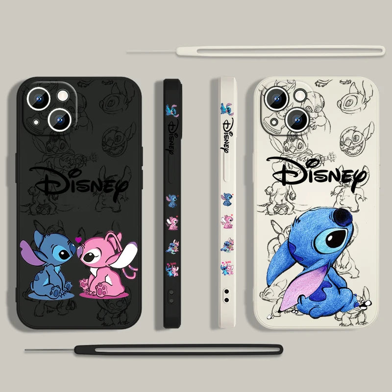 Disney Super Cute Stitch Phone Case For Apple iPhone 15 14 13 12 11 Pro Max Plus 8 7 SE Liquid Left Rope Soft Cover