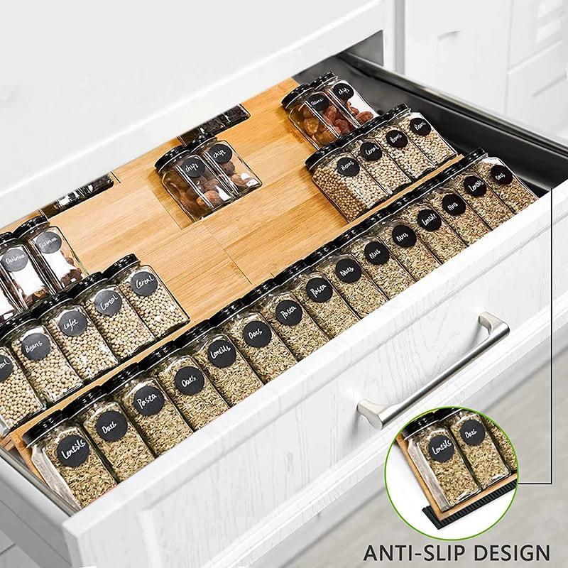 Bamboo Spice Rack Tray Jars Spice Drawer Organizer for Kitchen Cabinets Storage and Organization