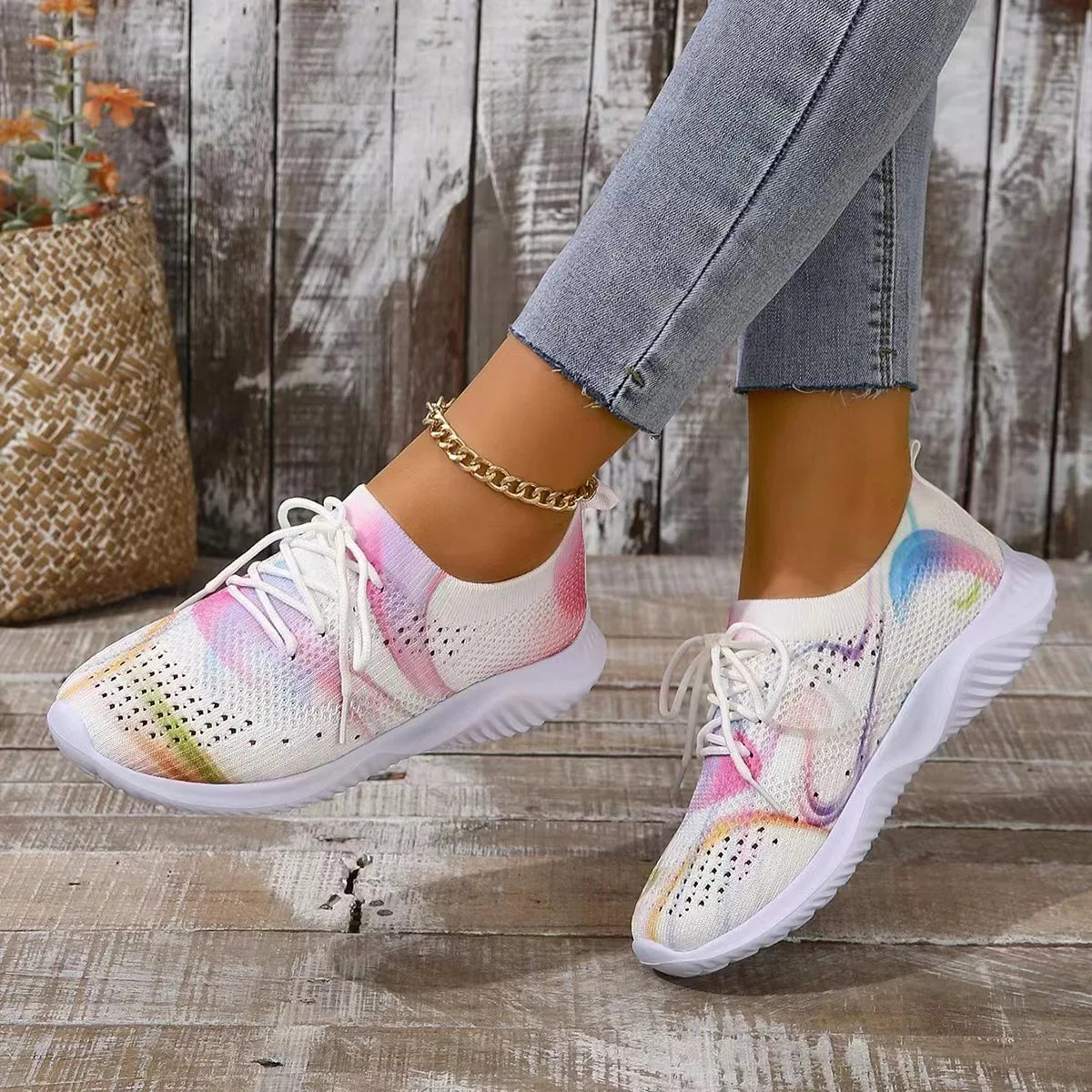 Women Mix Color Mesh Knitted Sneakers 2024 Autumn Lightweight Breathable Soft Sole Running Shoes Woman Slip on Flats Sock Shoes