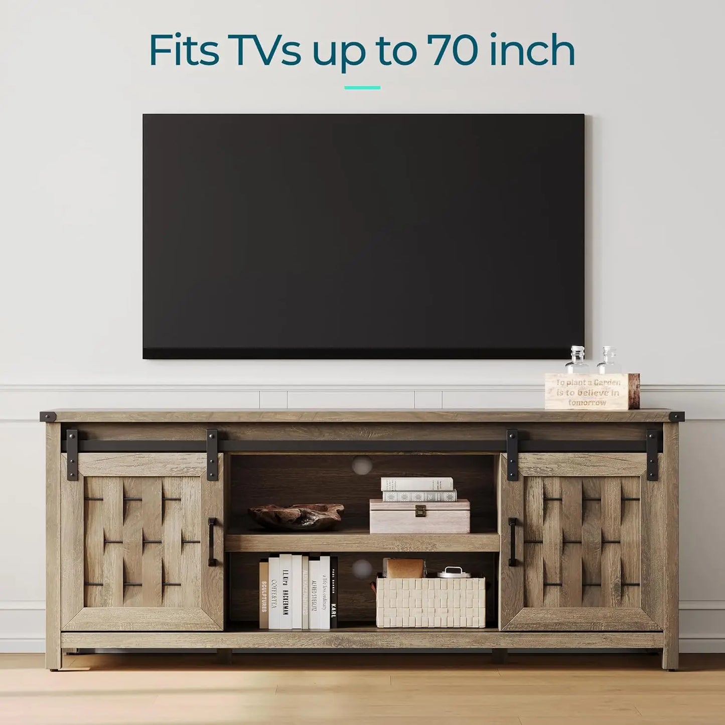 Farmhouse TV Stand for 65 Inch TV, Entertainment Center with Handmade Woven Sliding Door, Media TV Console Table with Cabinet