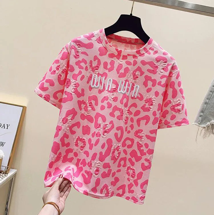 2024 new summer leopard print short sleeved t-shirt for women loose round neck fashionable and chic top trend