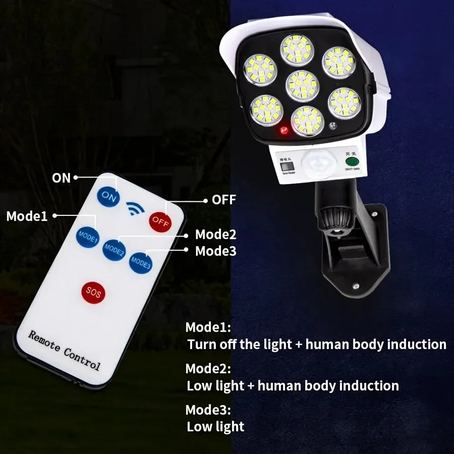 KDULIT Outdoor Solar Lights Motion Sensor 77 LED FloodLight Wireless Waterproof Dummy Fake Camera Courtyard Garage Street Light