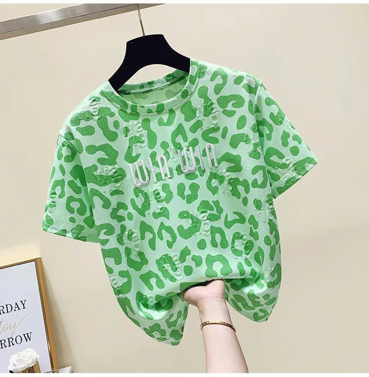 2024 new summer leopard print short sleeved t-shirt for women loose round neck fashionable and chic top trend